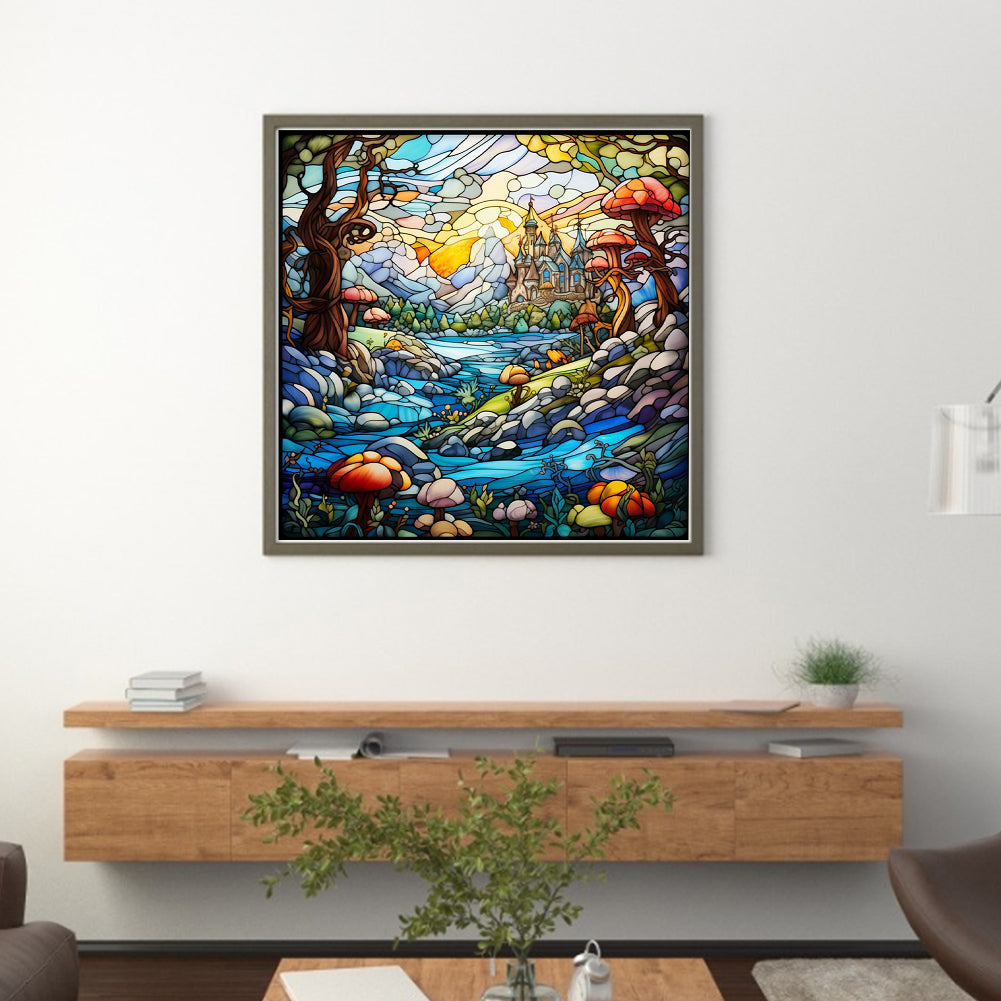 Glass Painting-Castle In The Mountains - 14CT Stamped Cross Stitch 50*50CM