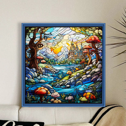 Glass Painting-Castle In The Mountains - 14CT Stamped Cross Stitch 50*50CM