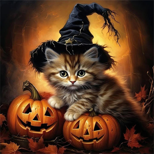 Halloween Kitten With Pumpkin - Full Round Drill Diamond Painting 30*30CM