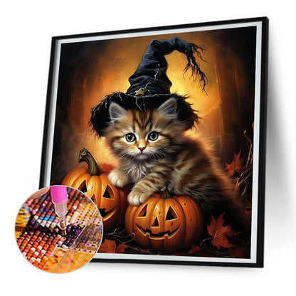 Halloween Kitten With Pumpkin - Full Round Drill Diamond Painting 30*30CM