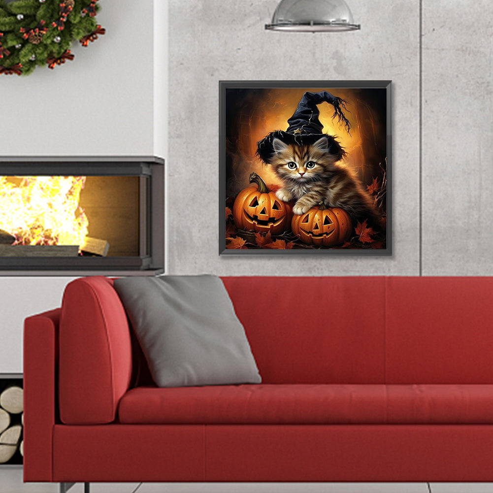 Halloween Kitten With Pumpkin - Full Round Drill Diamond Painting 30*30CM