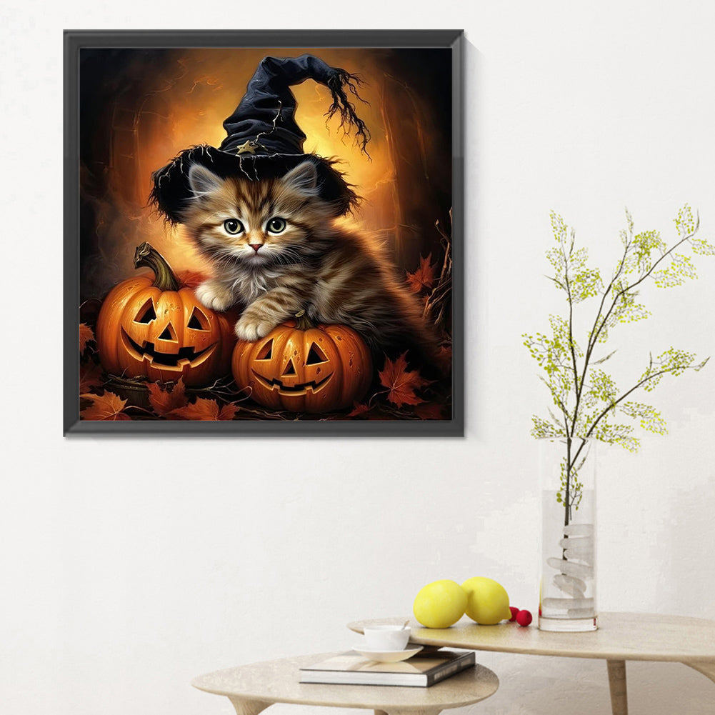 Halloween Kitten With Pumpkin - Full Round Drill Diamond Painting 30*30CM