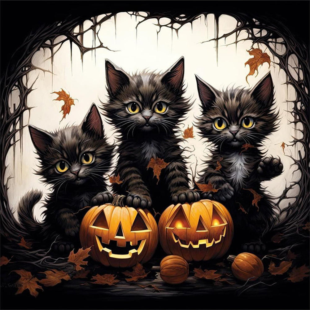 Halloween Kitten With Pumpkin - Full Round Drill Diamond Painting 30*30CM