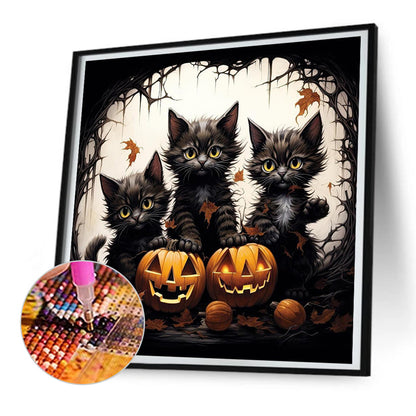 Halloween Kitten With Pumpkin - Full Round Drill Diamond Painting 30*30CM