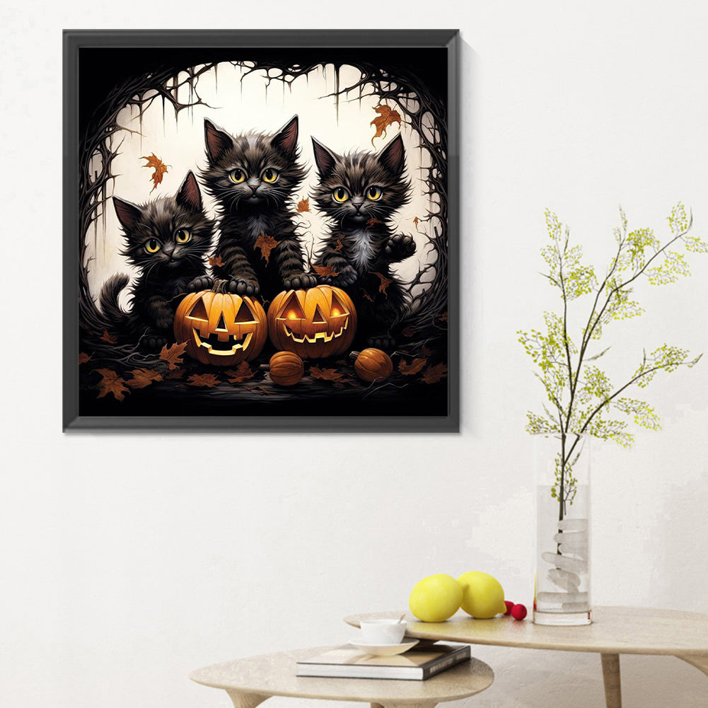 Halloween Kitten With Pumpkin - Full Round Drill Diamond Painting 30*30CM