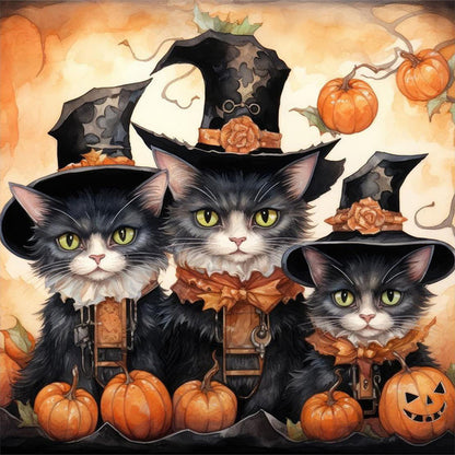 Halloween Kitten With Pumpkin - Full Round Drill Diamond Painting 30*30CM