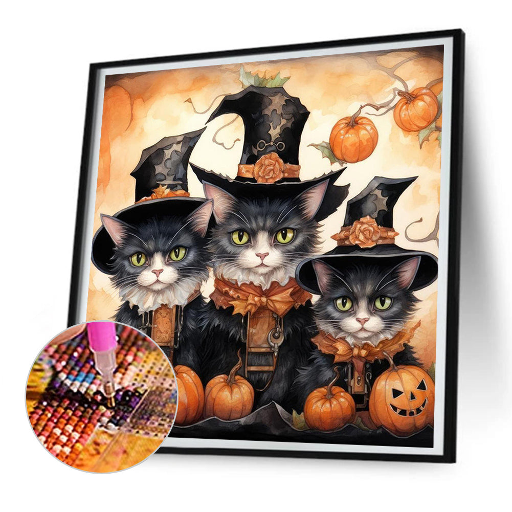 Halloween Kitten With Pumpkin - Full Round Drill Diamond Painting 30*30CM