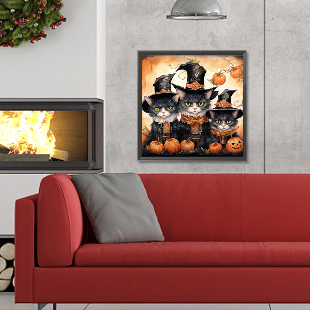 Halloween Kitten With Pumpkin - Full Round Drill Diamond Painting 30*30CM