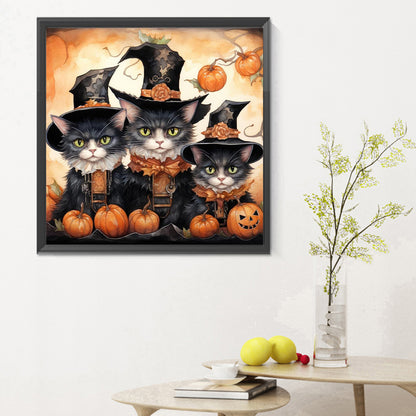 Halloween Kitten With Pumpkin - Full Round Drill Diamond Painting 30*30CM