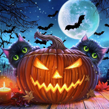 Halloween Kitten With Pumpkin - Full Round Drill Diamond Painting 30*30CM