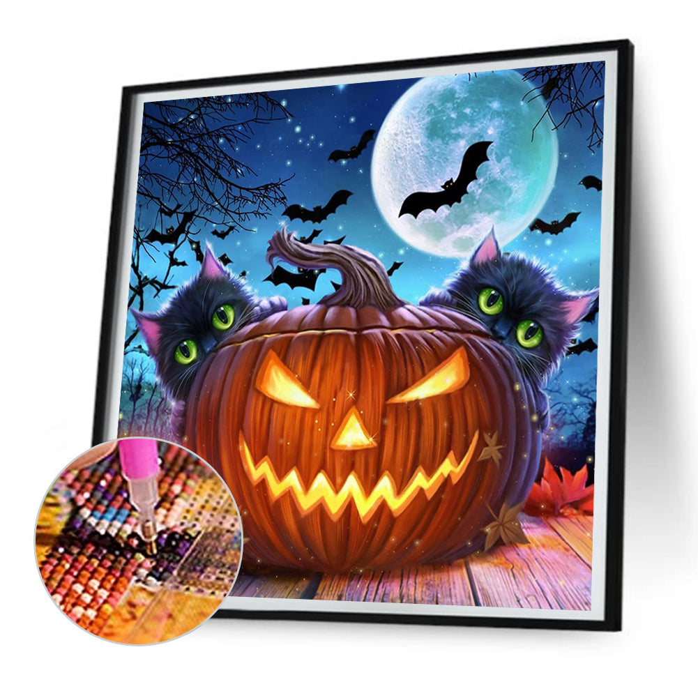 Halloween Kitten With Pumpkin - Full Round Drill Diamond Painting 30*30CM