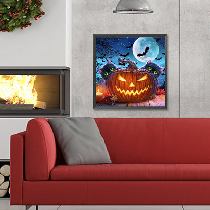 Halloween Kitten With Pumpkin - Full Round Drill Diamond Painting 30*30CM