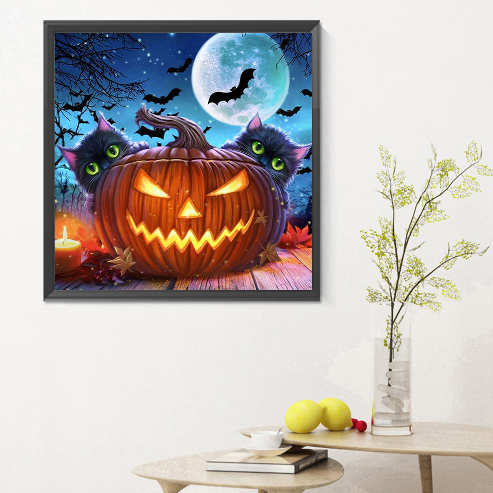 Halloween Kitten With Pumpkin - Full Round Drill Diamond Painting 30*30CM