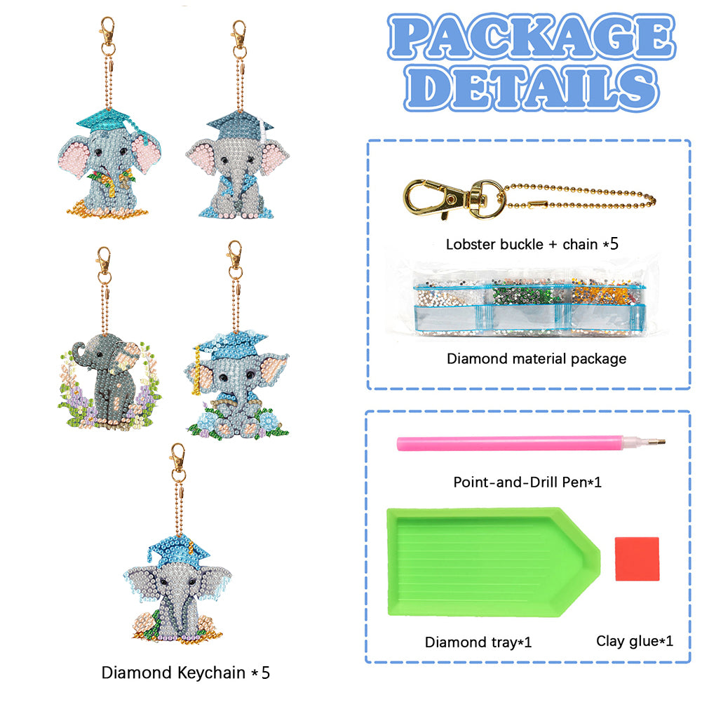 5PCS Double Sided Diamond Painting Keychain Full Drill Keyring Cute Elephant