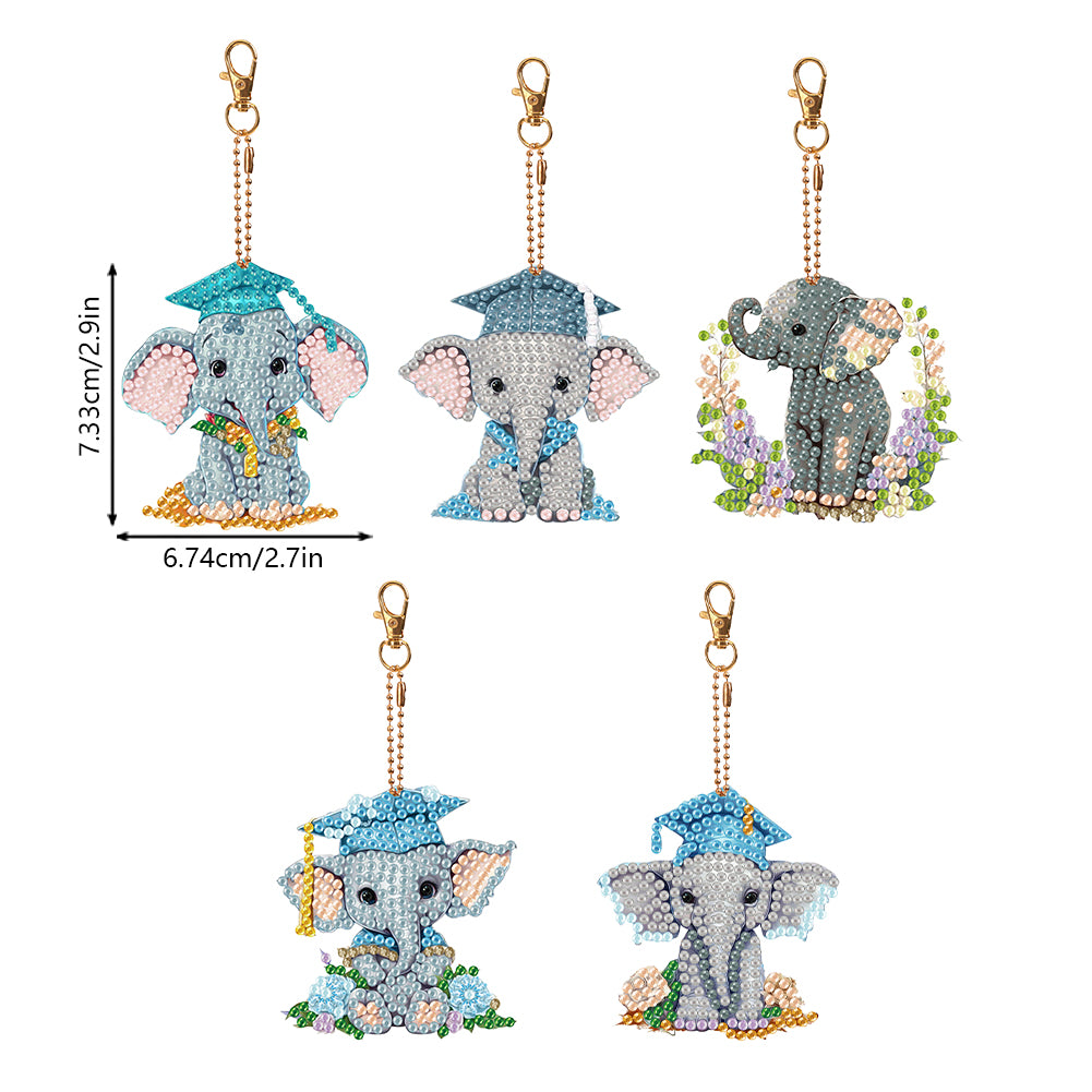 5PCS Double Sided Diamond Painting Keychain Full Drill Keyring Cute Elephant