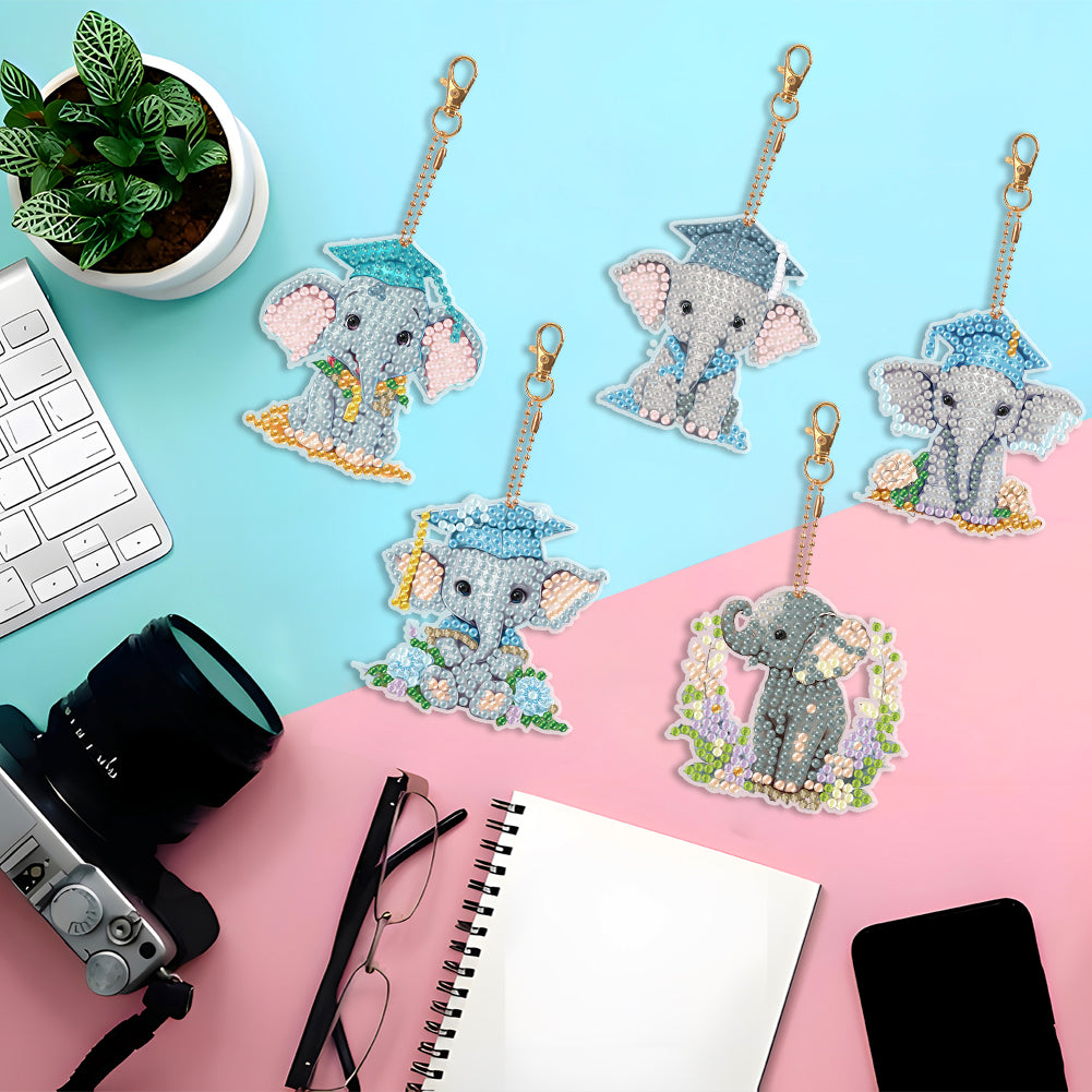 5PCS Double Sided Diamond Painting Keychain Full Drill Keyring Cute Elephant