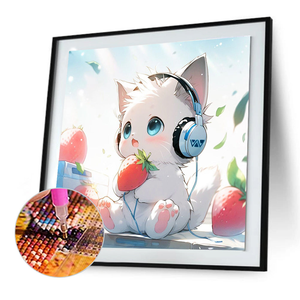 Cat Eating Strawberry - Full Round Drill Diamond Painting 30*30CM