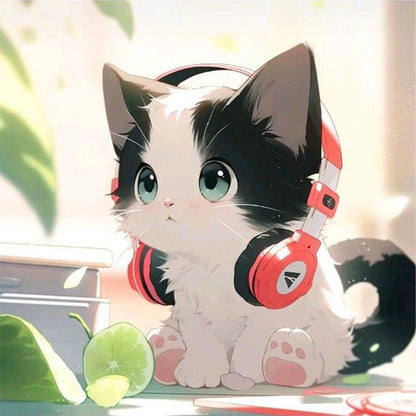 Cat With Headphones - Full Round Drill Diamond Painting 30*30CM