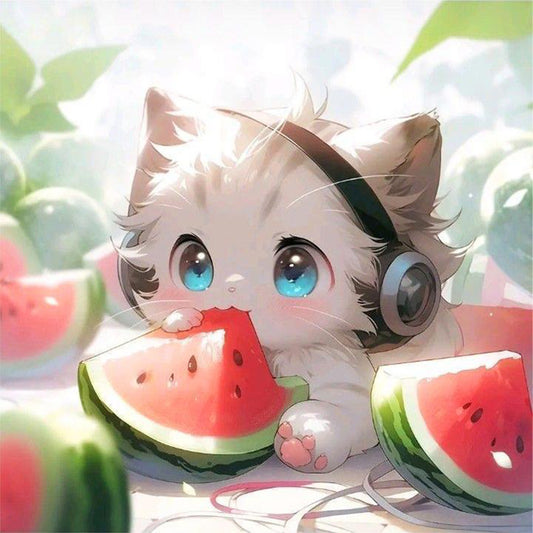 Cat Eating Watermelon - Full Round Drill Diamond Painting 30*30CM