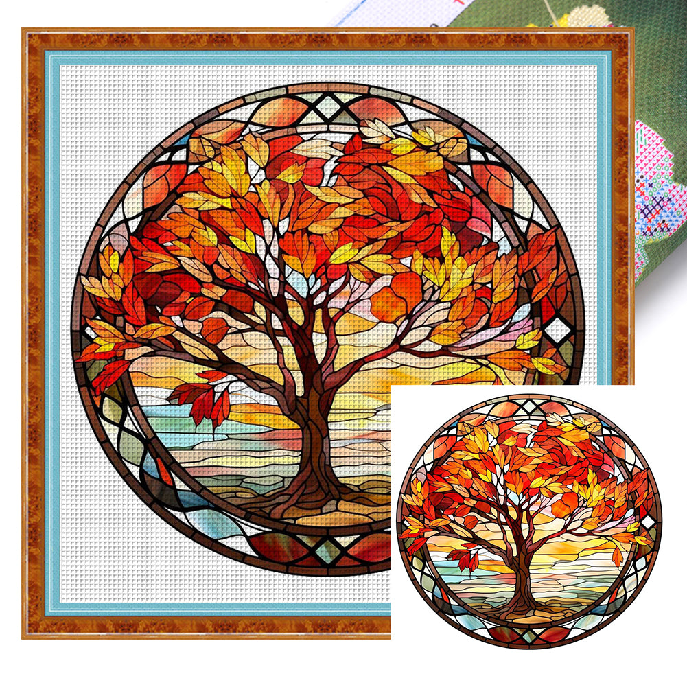 Glass Painting-Maple Tree - 14CT Stamped Cross Stitch 40*40CM