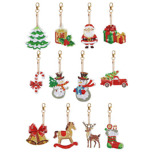 12PCS Christmas Santa Full Drill Keyring for Christmas Home Party Decor (#159)