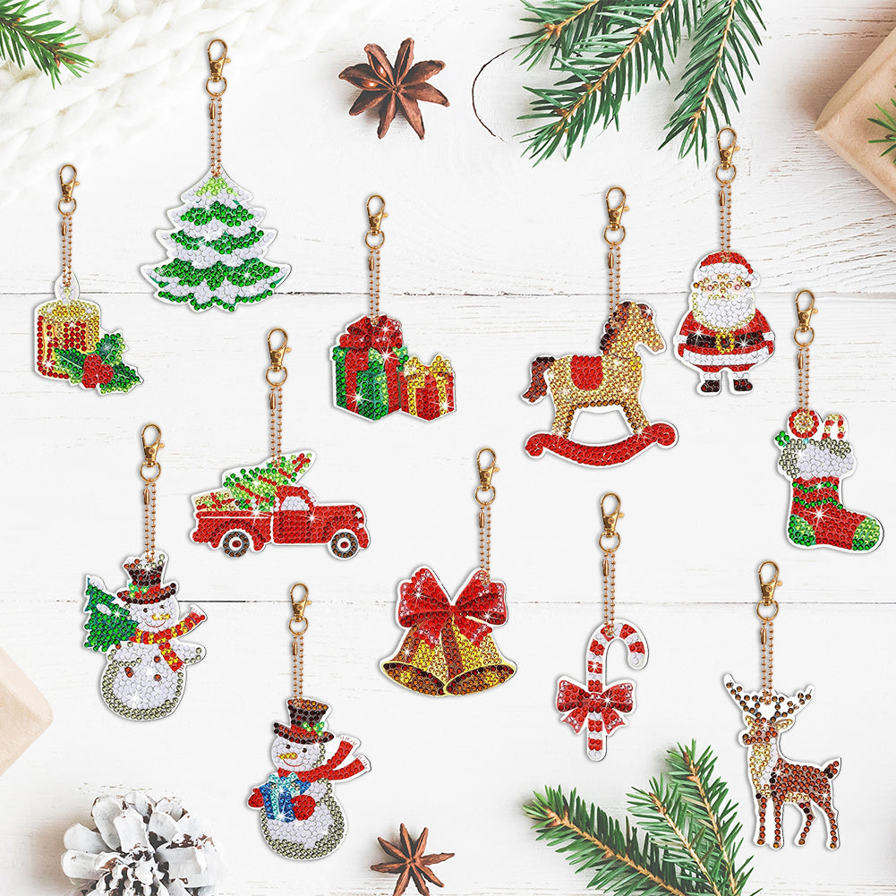 12PCS Christmas Santa Full Drill Keyring for Christmas Home Party Decor (#159)