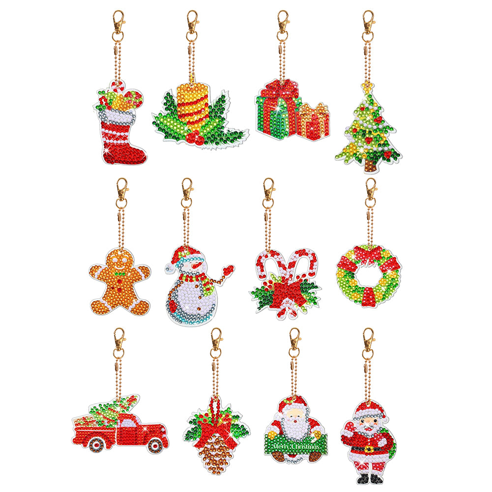 12PCS Christmas Santa Full Drill Keyring for Christmas Home Party Decor (#160)