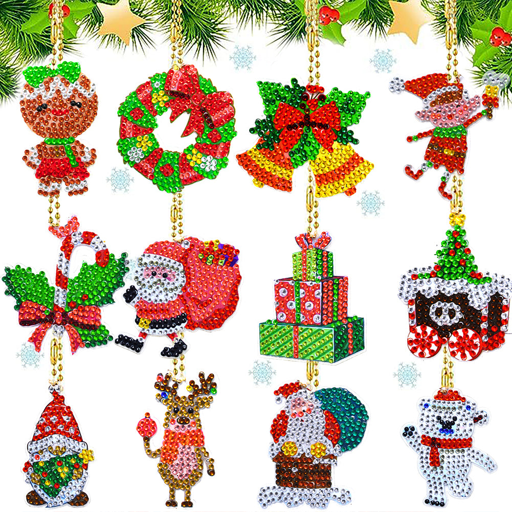 12PCS Christmas Santa Full Drill Keyring for Christmas Home Party Decor (#162)