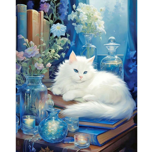 Lazy White Cat - Full Round Drill Diamond Painting 40*50CM