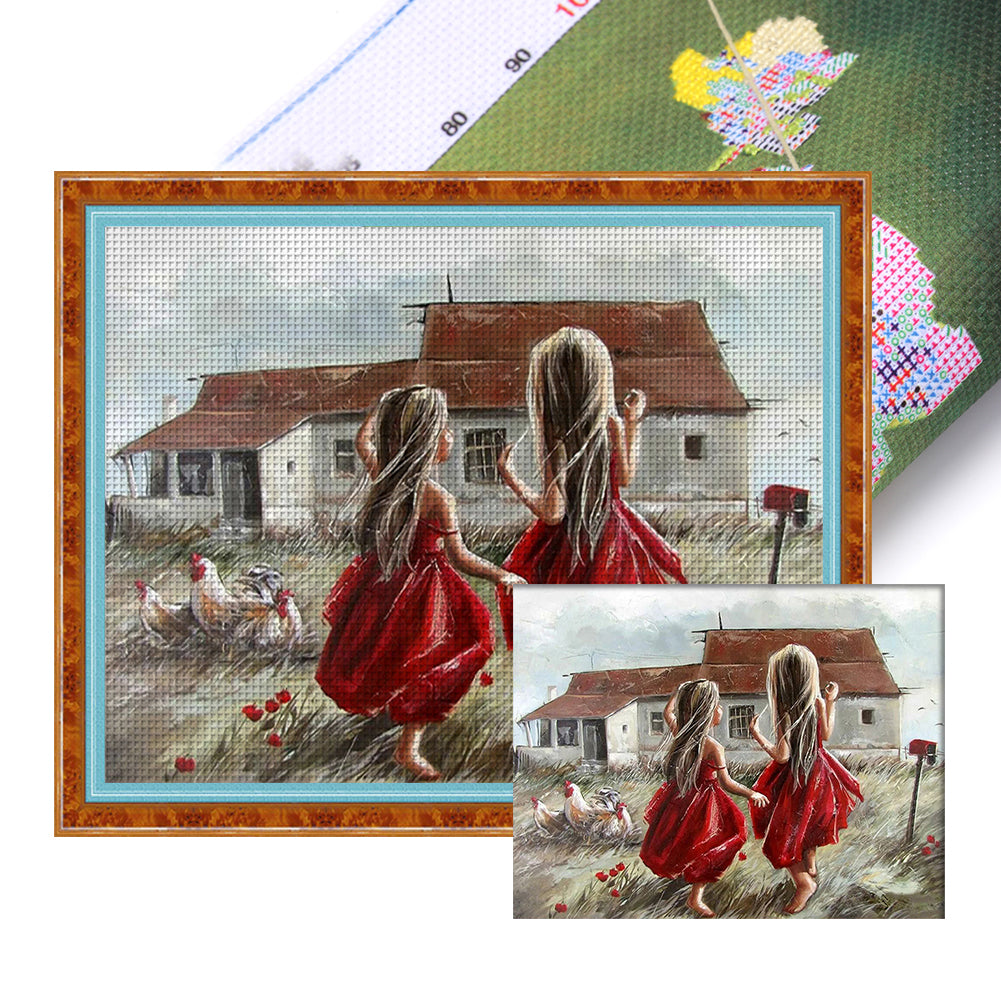 Little Girl In Front Of House - 11CT Stamped Cross Stitch 50*40CM