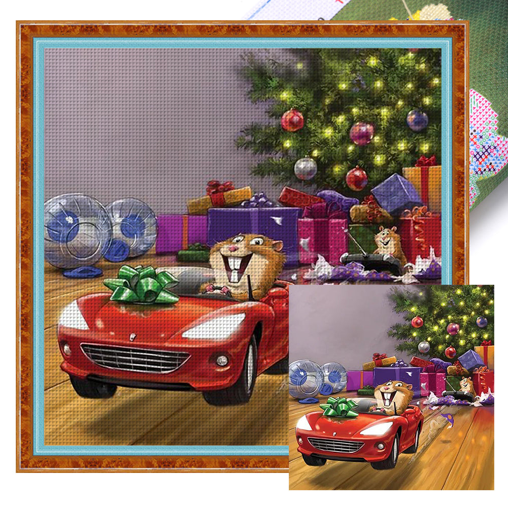 Christmas Tree Truck Rat - 11CT Stamped Cross Stitch 40*40CM