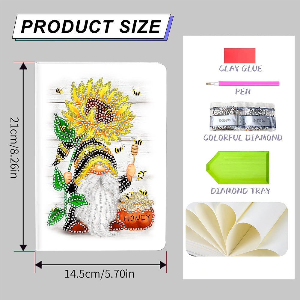 50 Pages A5 Special Shaped Diamond Painting Diary Book for Teen(Gnome Sunflower)