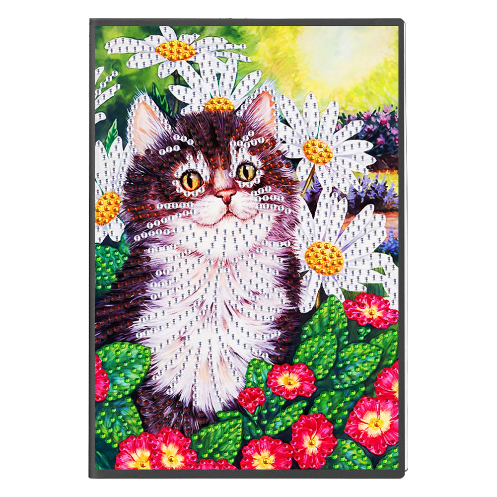 50 Pages A5 Special Shaped Diamond Painting Diary Book for Teen(Flower Bush Cat)