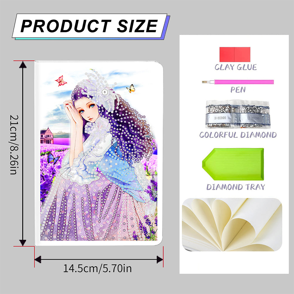 50 Pages A5 Special Shaped Diamond Painting Diary Book for Teens (Lavender Girl)