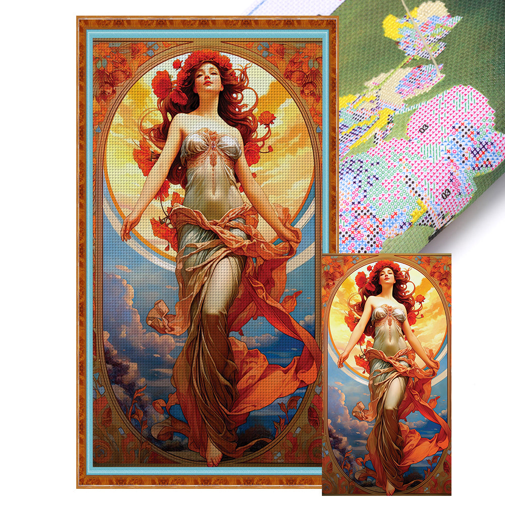 Sky Red Flower Goddess - 11CT Stamped Cross Stitch 50*90CM