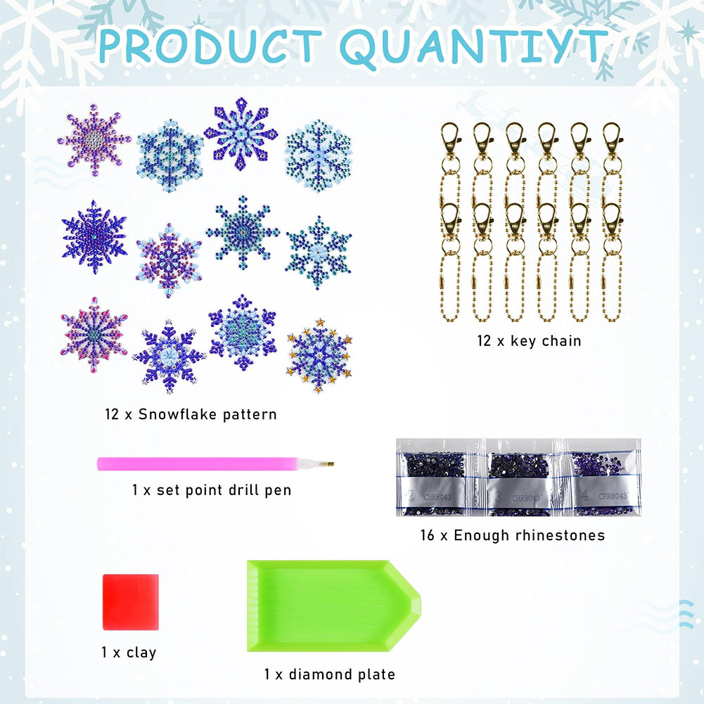 12PCS Diamond Art Keyring Snowflakes Double Sided Diamond Painting Keychain (#2)