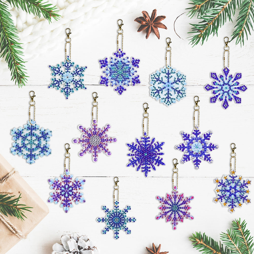 12PCS Diamond Art Keyring Snowflakes Double Sided Diamond Painting Keychain (#2)