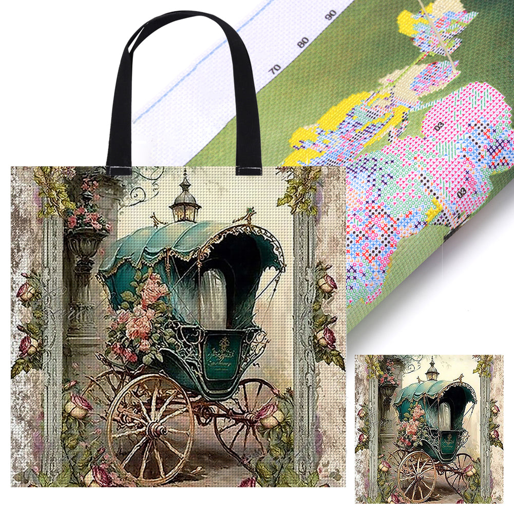 40x40cm Embroidery Kit Vintage Poster Carriage Cross Stitch Canvas Tote Bag