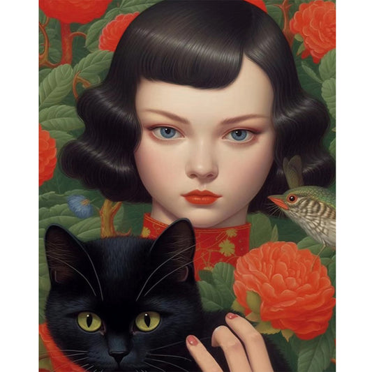 Girl And Black Cat - Full Round Drill Diamond Painting 40*50CM