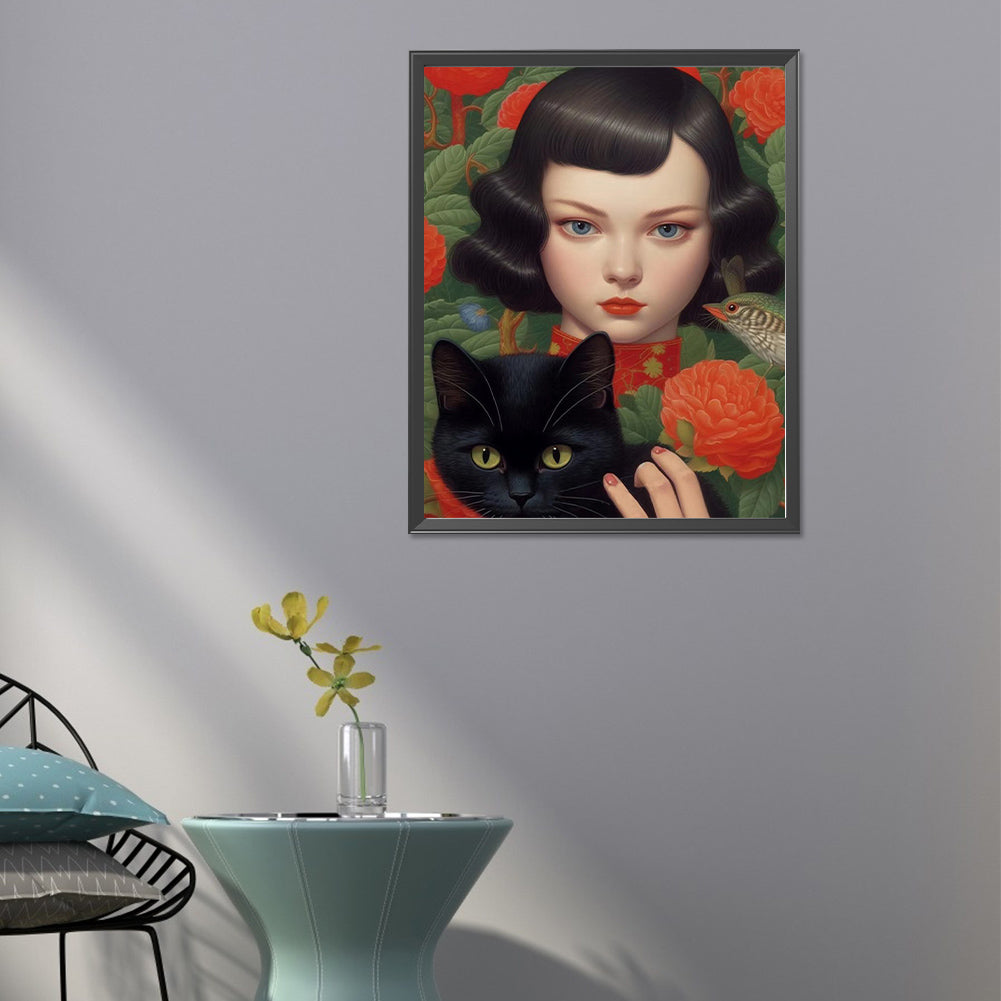 Girl And Black Cat - Full Round Drill Diamond Painting 40*50CM