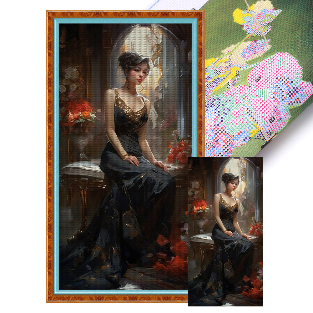 Beauty In Black Dress - 11CT Stamped Cross Stitch 40*83CM