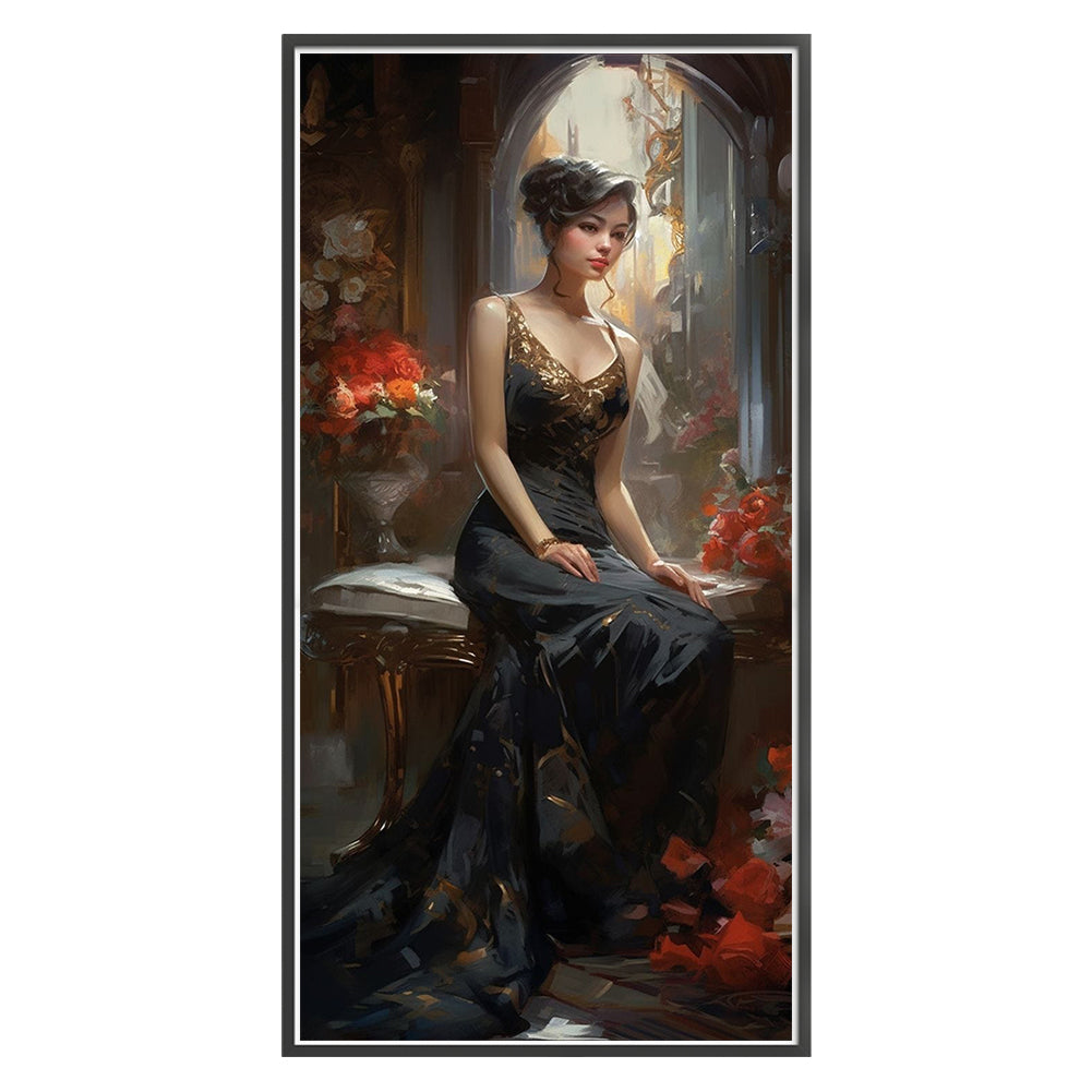 Beauty In Black Dress - 11CT Stamped Cross Stitch 40*83CM