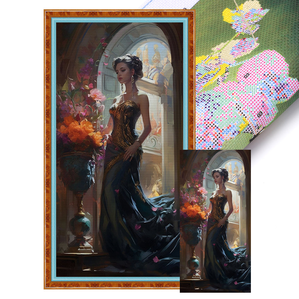 Beauty In Black Dress - 11CT Stamped Cross Stitch 40*83CM