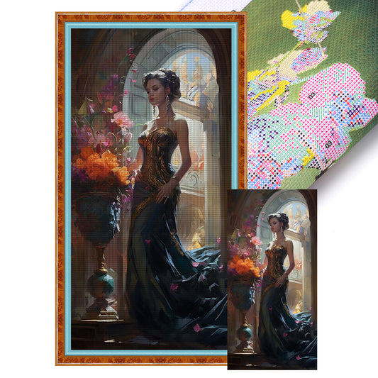 Beauty In Black Dress - 11CT Stamped Cross Stitch 40*83CM