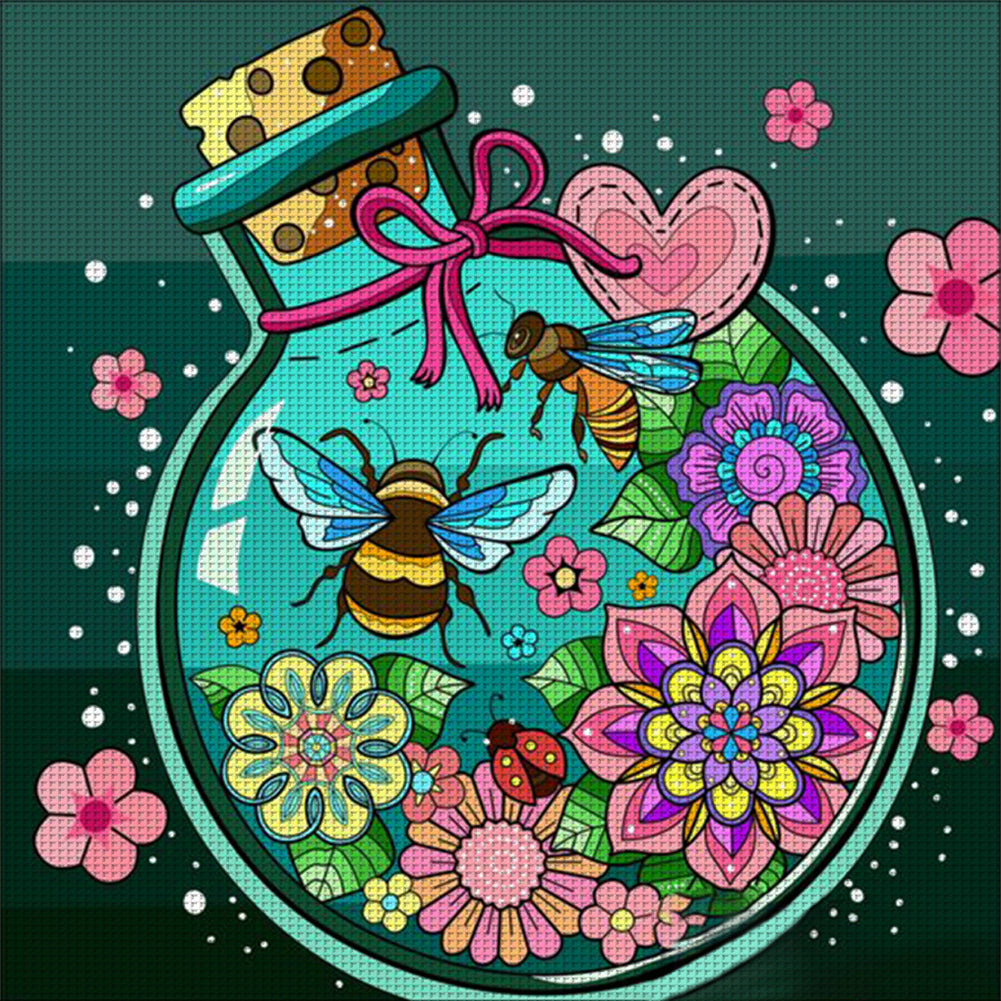 Flowers And Bees In Glass Vase - 11CT Stamped Cross Stitch 50*50CM