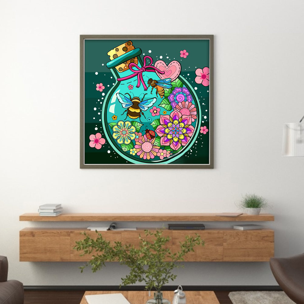 Flowers And Bees In Glass Vase - 11CT Stamped Cross Stitch 50*50CM