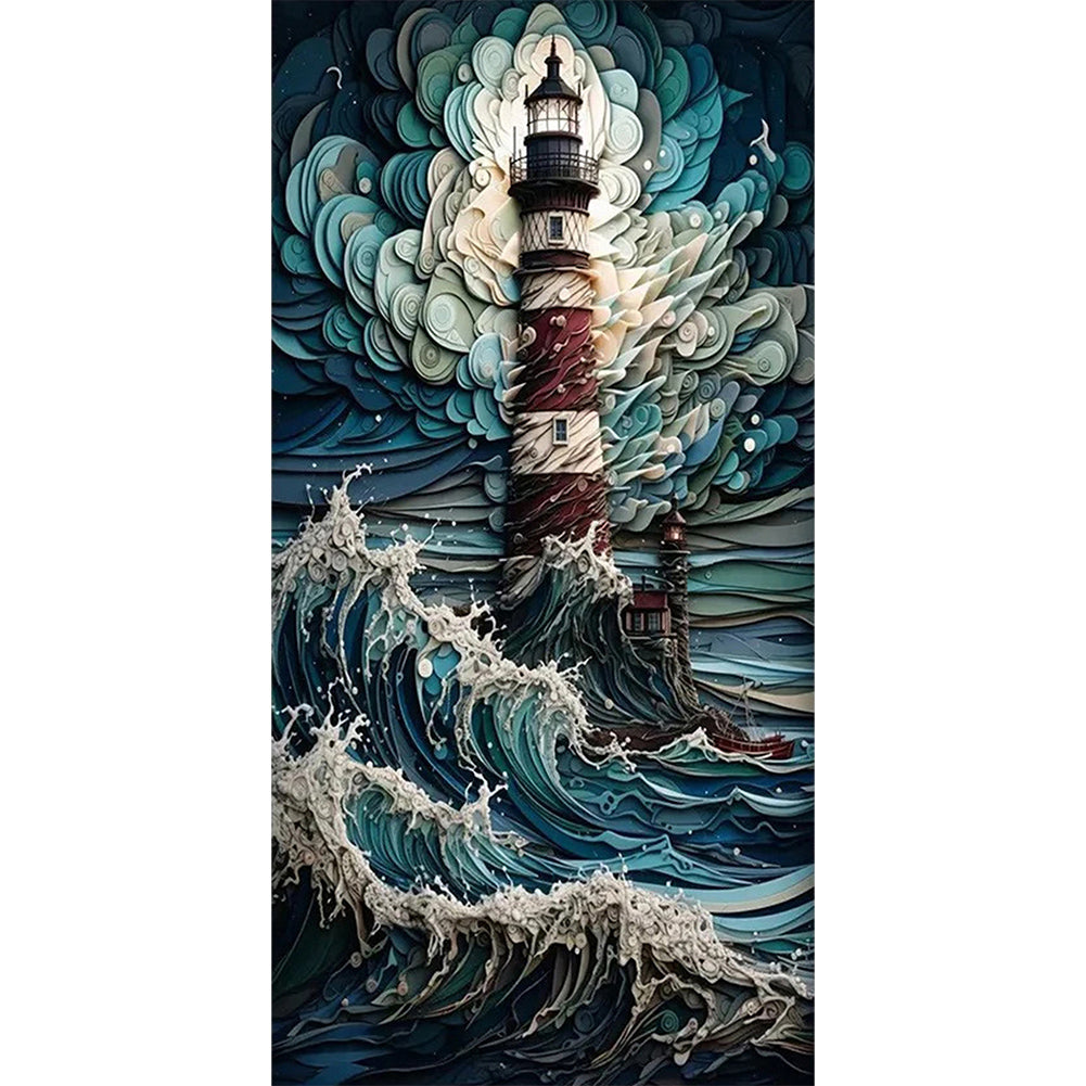 Lighthouse In Storm - Full Round AB Drill Diamond Painting 40*80CM