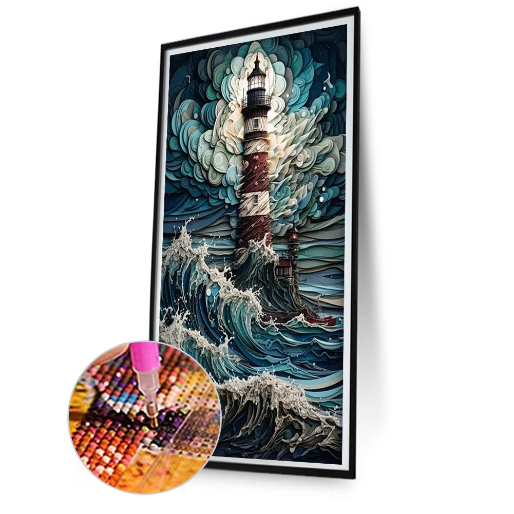 Lighthouse In Storm - Full Round AB Drill Diamond Painting 40*80CM