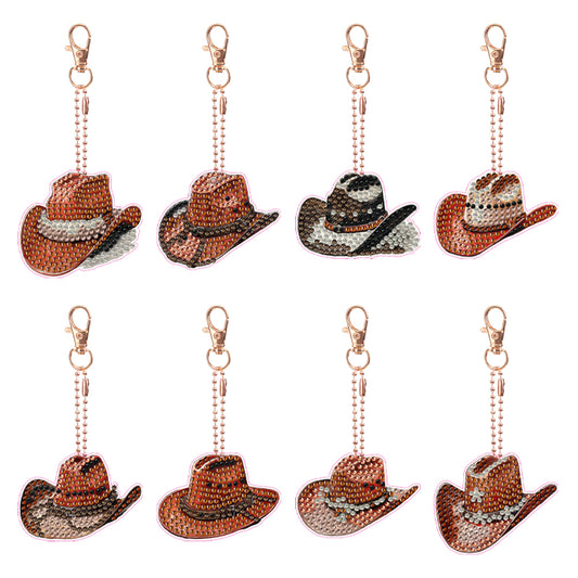 6PCS Double Sided Diamond Painting Art Keychain Pendant for Beginner(Cowboy Hat)