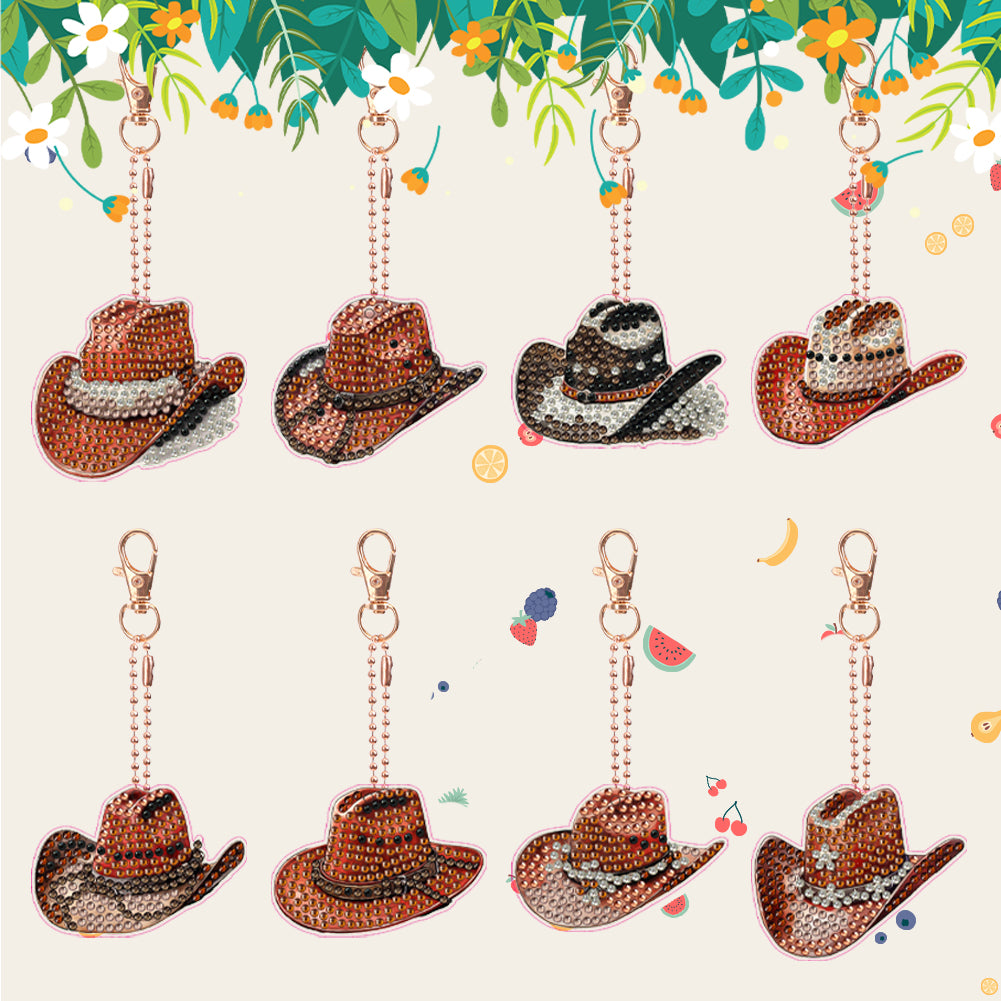 6PCS Double Sided Diamond Painting Art Keychain Pendant for Beginner(Cowboy Hat)